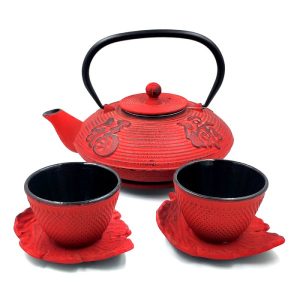 Juego de tetera con vasos rojo y negro