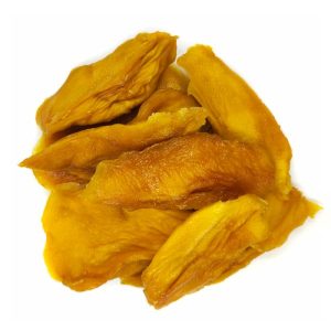 Tiras de mango deshidratado sin azúcar añadido.