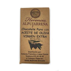 Tableta de chocolate artesano con aceite de oliva virgen extra.