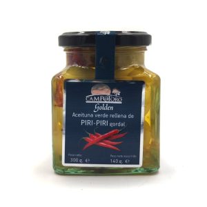 Aceitunas verdes gordal con pimiento piri piri picante.