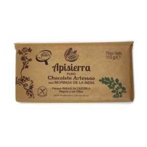 Tableta de chocolate artesano con hoja de moringa molida.
